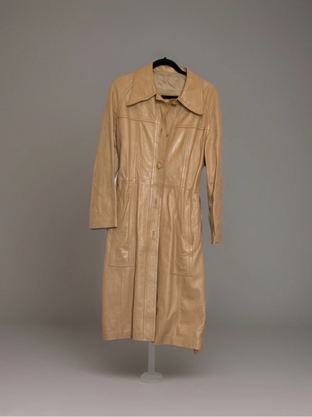 VTG Women's Beige Leather Trench Coat - Sleek Longline Design